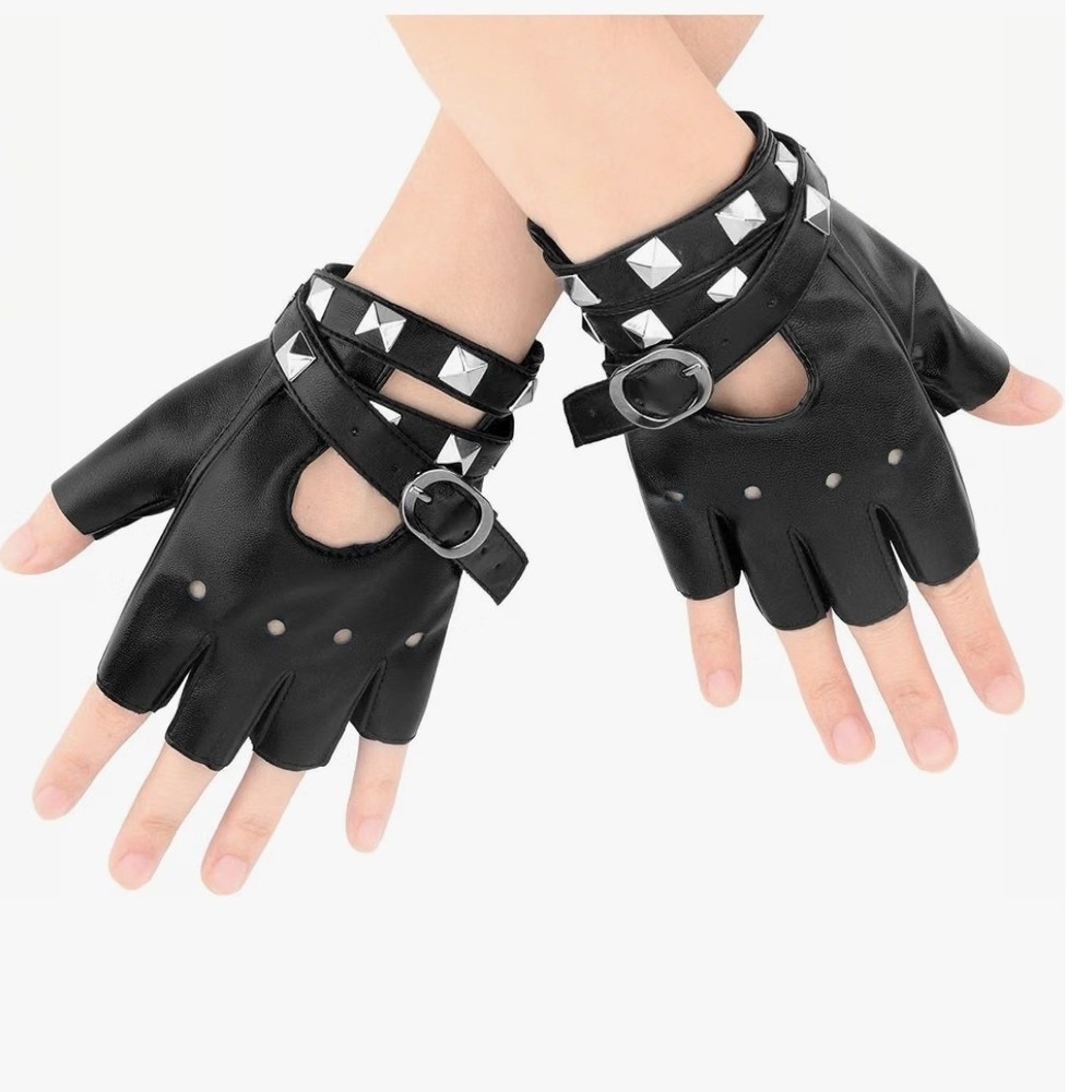 NWT Bicfuiot Black Fingerless Leather Gloves Halloween Biker Rockstar punk Goth
